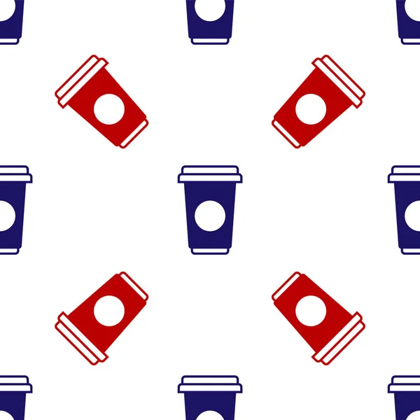 Icône de tasse de café bleu et rouge isolé motif sans couture sur fond blanc. Tasse à café jetable avec café chaud. Illustration vectorielle — Image vectorielle