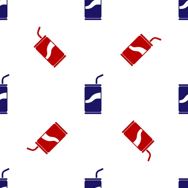 Blaue und rote Getränkedose mit Trinkhalm-Symbol isoliert nahtlose Muster auf weißem Hintergrund. Vektorillustration — Stockvektor