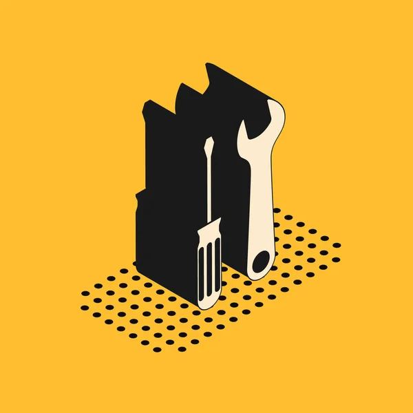 Ícone de ferramentas de chave de fenda isométrica e chave de fenda isolado no fundo amarelo. Símbolo da ferramenta de serviço. Ilustração vetorial — Vetor de Stock