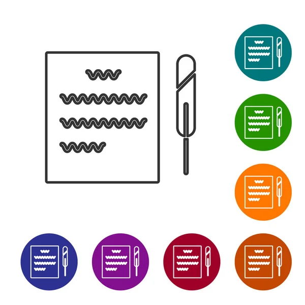 Graue Linie Federhalter und Papierrollensymbol isoliert auf weißem Hintergrund. setzen Sie Symbole in Farbkreis-Buttons. Vektorillustration — Stockvektor