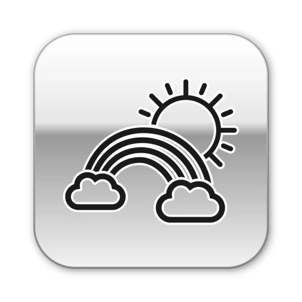 Arcobaleno nero con nuvole e icona solare isolata su sfondo bianco. Pulsante quadrato argento. Illustrazione vettoriale — Vettoriale Stock