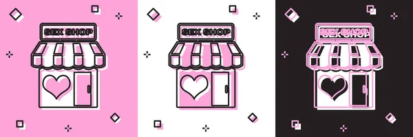 Set Sex shop building con icono de toldo a rayas aislado sobre fondo rosa y blanco, negro. Tienda de sexo, tienda de sexo en línea, concepto de productos eróticos para adultos. Ilustración vectorial — Vector de stock