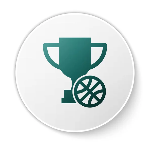Coupe Green Award avec icône de ballon de basket isolé sur fond blanc. Symbole du trophée gagnant. Trophée de championnat ou compétition. Bouton rond blanc. Illustration vectorielle — Image vectorielle