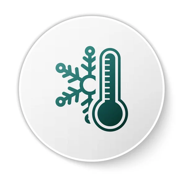 Green Thermometer with snowflake icon isolated on white background. White circle button. Vector Illustration — Stock Vector