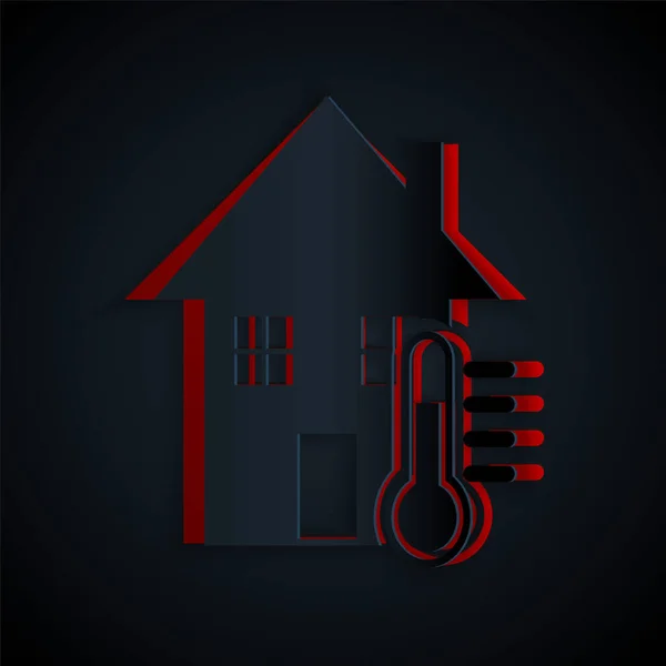 Papier gesneden Huis temperatuur pictogram geïsoleerd op zwarte achtergrond. Thermometer icoon. Papierkunst stijl. Vector Illustratie — Stockvector