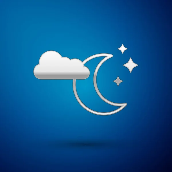 Silver Cloud with moon and stars icon isolated on blue background. Cloudy night sign. Sleep dreams symbol. Night or bed time sign. Vector Illustration — Stock Vector