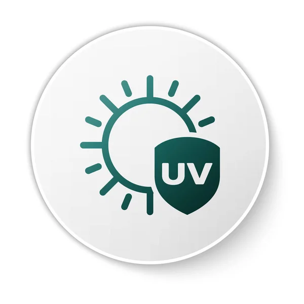 Groene Uv bescherming pictogram geïsoleerd op witte achtergrond. Zon en schild. Ultraviolette straling. Spf zonneteken. Witte cirkel knop. Vector Illustratie — Stockvector