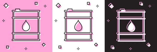 Imposta l'icona della linea della canna dell'olio isolata su sfondo rosa e bianco, nero. Contenitore del tamburo. Per infografica, carburante, industria, energia, ecologia. Illustrazione vettoriale — Vettoriale Stock