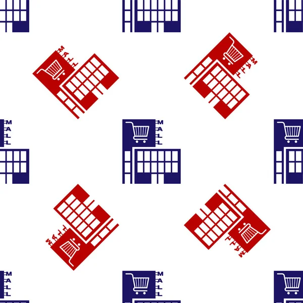 蓝色和红色购物中心或超市大楼与购物车图标隔离无缝图案白色背景 商店或商店 病媒图解 — 图库矢量图片