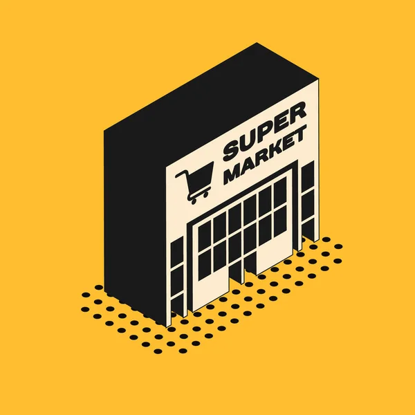Izometryczny budynek supermarketu z ikoną koszyka na żółtym tle. Zakupy albo sklepy. Budynek centrum handlowego. Ilustracja wektora — Wektor stockowy