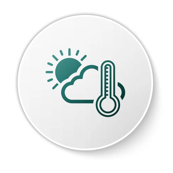 Green Thermometer and cloud with sun icon isolated on white background. White circle button. Vector Illustration — Stock Vector