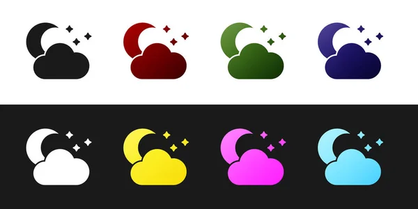 Zet Cloud met maan en sterren icoon geïsoleerd op zwart-wit achtergrond. Bewolkte nacht teken. Slaap dromen symbool. Nacht of bed tijd teken. Vector illustratie — Stockvector