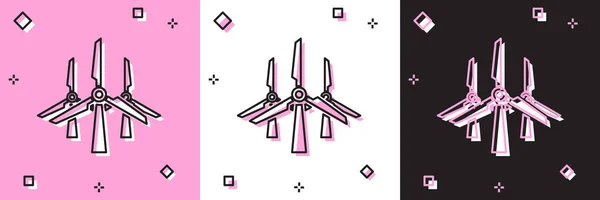 Definir turbinas eólicas ícone isolado em rosa e branco, fundo preto. Sinal do gerador de vento. Silhueta de moinho de vento. Moinhos de vento para produção de energia elétrica. Ilustração vetorial — Vetor de Stock