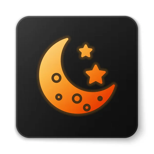 Naranja brillante Luna de neón y estrellas icono aislado sobre fondo blanco. Botón cuadrado negro. Ilustración vectorial — Vector de stock
