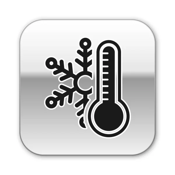 Beyaz zemin üzerinde kar tanesi ikonu olan siyah termometre. Gümüş kare düğme. Vektör İllüstrasyonu — Stok Vektör
