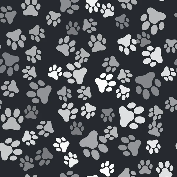 Grey Paw print icon isolated seamless pattern on black background. Dog or cat paw print. Animal track.  Vector Illustration