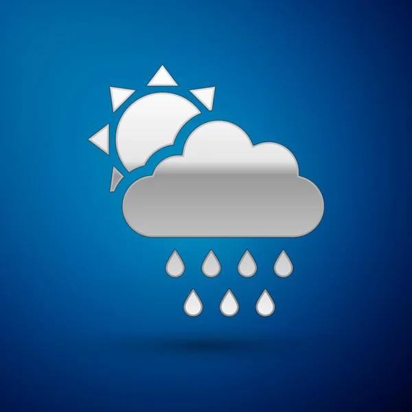 Zilveren Wolk met regen en zon pictogram geïsoleerd op blauwe achtergrond. Regenwolk neerslag met regendruppels. Vector Illustratie — Stockvector