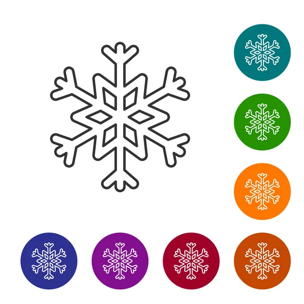 Grijze lijn Sneeuwvlok pictogram geïsoleerd op witte achtergrond. Stel pictogrammen in de kleur cirkel knoppen. Vector Illustratie — Stockvector