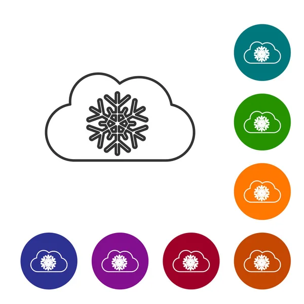 Grey line Cloud with snow icon isolated on white background. Cloud with snowflakes. Single weather icon. Snowing sign. Set icons in color circle buttons. Vector Illustration — Stock Vector