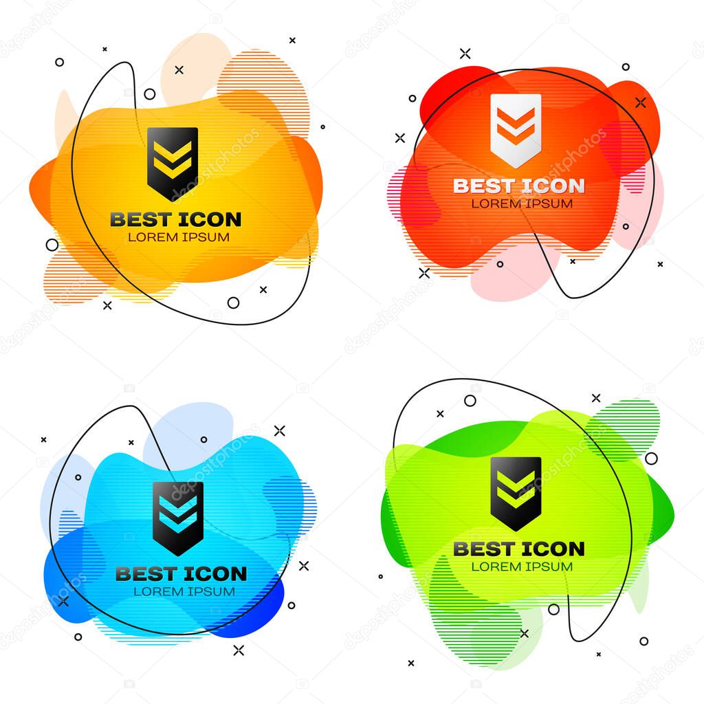 Black Chevron icon isolated on white background. Military badge sign. Set abstract banner with liquid shapes. Vector Illustration