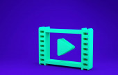 Ikona Green Play Video izolované na modrém pozadí. Filmový proužek s nápisem. Minimalismus. 3D ilustrace 3D vykreslení