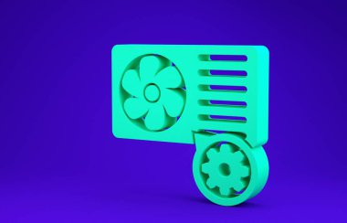 Mavi arka planda yeşil klima ve dişli ikonu izole edildi. Uygulama, servis konsepti, ayar seçenekleri, bakım, onarım, onarım. Minimalizm kavramı. 3d illüstrasyon 3d canlandırma