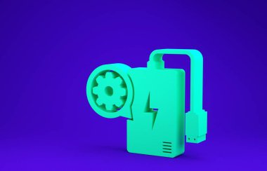Yeşil Güç Bankası 'nın elektrik kablosu ve dişli ikonu mavi arka planda izole edildi. Uygulama ayarlama, servis konsepti, ayarlama seçenekleri, bakım, onarım. Minimalizm kavramı. 3d illüstrasyon 3d canlandırma