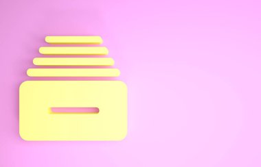 Pembe arka planda izole edilmiş belge simgesi olan sarı çekmece. Arşiv çekmecesi. Dosya dolabı çekmecesi. Ofis mobilyası. Minimalizm kavramı. 3d illüstrasyon 3d canlandırma
