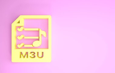 Sarı M3u dosya belgesi. M3u düğmesi simgesi pembe arkaplanda izole edildi. M3u dosya sembolü. Minimalizm kavramı. 3d illüstrasyon 3d canlandırma