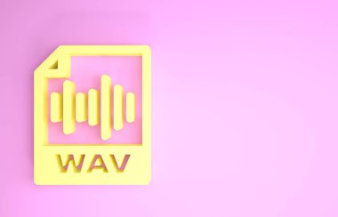Sarı Wav dosya dökümanı. Pembe arkaplanda dalga simgesi indir. Dijital ses riff dosyaları için Wav dalga biçimi ses dosyası biçimi. Minimalizm kavramı. 3d illüstrasyon 3d canlandırma