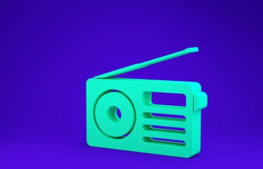 Mavi arkaplanda anten simgesi olan yeşil radyo. Minimalizm kavramı. 3d illüstrasyon 3B canlandırma