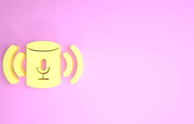 Sarı Ses Yardımcı simgesi pembe arkaplanda izole edildi. Ses kontrol arayüzü akıllı hoparlör. Minimalizm kavramı. 3d illüstrasyon 3d canlandırma