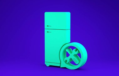 Mavi arka planda izole edilmiş tornavida ve anahtar ikonlu yeşil buzdolabı. Ayarlama, servis, ayar, bakım, onarım, onarım. Minimalizm kavramı. 3d illüstrasyon 3d canlandırma
