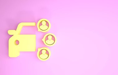 Pembe arka planda izole edilmiş bir grup insan ikonu ile sarı araba paylaşımı. Araba paylaşım tabelası. Nakliye hizmeti konsepti. Minimalizm kavramı. 3d illüstrasyon 3d canlandırma