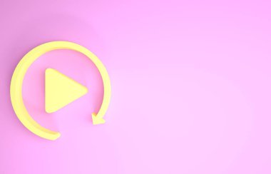 Pembe arkaplanda izole edilmiş basit bir yeniden oynatma simgesi gibi sarı video oynatma düğmesi. Minimalizm kavramı. 3d illüstrasyon 3d canlandırma