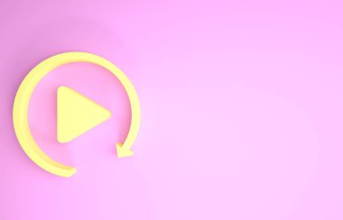 Yellow Video play button like simple replay icon isolated on pink background. Minimalism concept. 3d illustration 3D render clipart