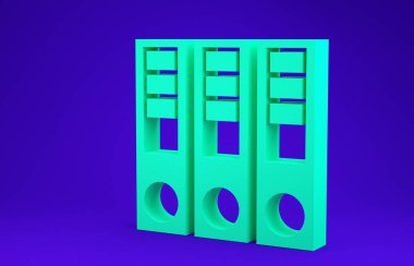 Kağıtları ve belgeleri içeren yeşil ofis dosyaları mavi arkaplanda izole edilmiş. Ofis dosyaları. Dosya arşivleme işareti. Minimalizm kavramı. 3d illüstrasyon 3B canlandırma