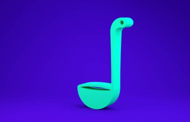 Yeşil Mutfak kepçe simgesi mavi arkaplanda izole edildi. Mutfak aletleri. Çatal kaşık tabelası. Minimalizm kavramı. 3d illüstrasyon 3B canlandırma