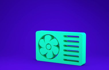 Mavi arka planda temiz hava ikonu olan yeşil klima. Sistemin havalandırmasını böl. Soğuk ve soğuk iklim kontrol sistemi. Minimalizm kavramı. 3d illüstrasyon 3d canlandırma