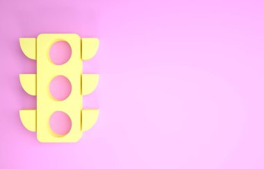 Sarı trafik ışığı simgesi pembe arka planda izole edildi. Minimalizm kavramı. 3d illüstrasyon 3B canlandırma
