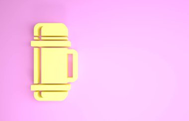 Sarı termos konteynır ikonu pembe arka planda izole edildi. Termo matara ikonu. Kamp ve yürüyüş ekipmanları. Minimalizm kavramı. 3d illüstrasyon 3d canlandırma