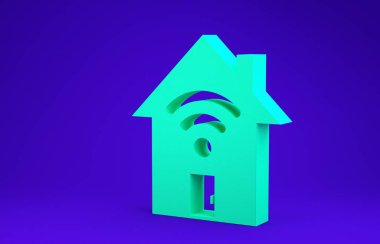 Mavi arka planda kablosuz ağ ikonu olan Green Smart evi. Uzaktan kumanda. Minimalizm kavramı. 3d illüstrasyon 3d canlandırma