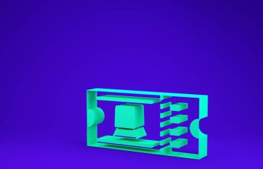 Yeşil tren bileti ikonu mavi arka planda izole edildi. Demiryolu ile seyahat et. Minimalizm kavramı. 3d illüstrasyon 3d canlandırma