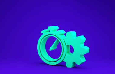 Yeşil Zaman Yönetimi simgesi mavi arkaplanda izole edildi. Saat ve vites tabelası. Üretkenlik sembolü. Minimalizm kavramı. 3d illüstrasyon 3B canlandırma