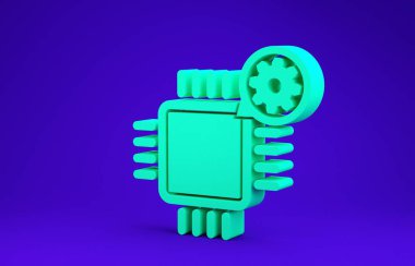 Mavi arkaplanda yeşil işlemci ve dişli simgesi izole edildi. İşlemci, çip servis konsepti. Uygulama ayarlanıyor, seçenekler ayarlanıyor, bakım, onarım, onarım. Minimalizm kavramı. 3d illüstrasyon 3d canlandırma