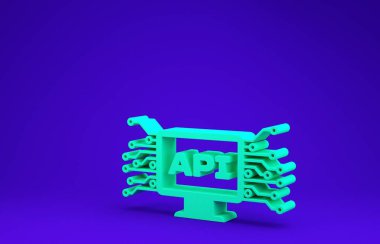 Yeşil Bilgisayar Ağı arayüz simgesi mavi arkaplanda izole edildi. Uygulama programlama arayüzü Api teknolojisi. Yazılım entegrasyonu Minimalizm kavramı. 3d illüstrasyon 3d canlandırma