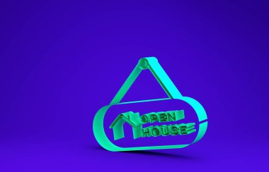 Mavi arkaplanda açık ev simgesi olan yeşil asma işareti. Açık Ev 'in yazılı olduğu tabela. Minimalizm kavramı. 3d illüstrasyon 3d canlandırma