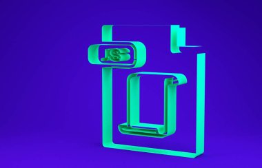 Green J 'in dosya belgesi. J düğmesi simgesi mavi arkaplanda izole edildi. Js dosya sembolü. Minimalizm kavramı. 3d illüstrasyon 3d canlandırma