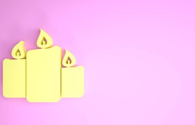 Sarı yanan mum simgesi pembe arkaplanda izole edilmiş. Eski moda yanan mumlar. Silindirik aromatik mum çubukları ve yanan alevler. Minimalizm kavramı. 3d illüstrasyon 3d canlandırma