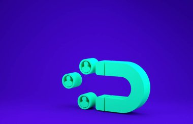 Yeşil Müşteri, mavi arkaplanda izole edilmiş simgeyi çekiyor. Müşteri alımı, destek ve hizmet. Müşteriler mıknatısla çekiyor. Minimalizm kavramı. 3d illüstrasyon 3d canlandırma